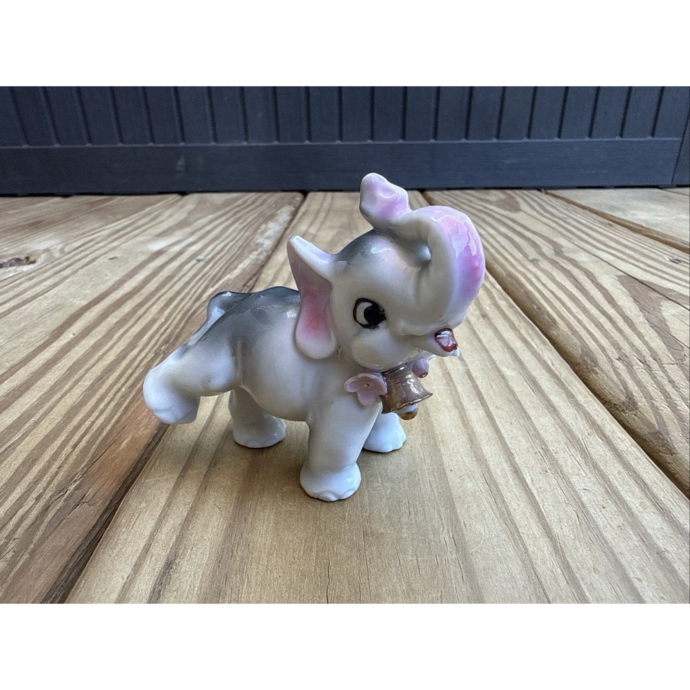 Vtg MI Japan Porcelain Little Baby Elephant With Bell & Flowers Figurine